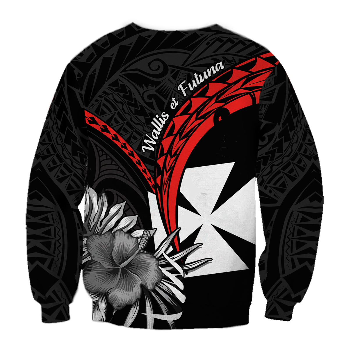 Wallis et Futuna Sweatshirt Polynesian Pattern and Hibiscus Flowers Version Black LT13 - Polynesian Pride