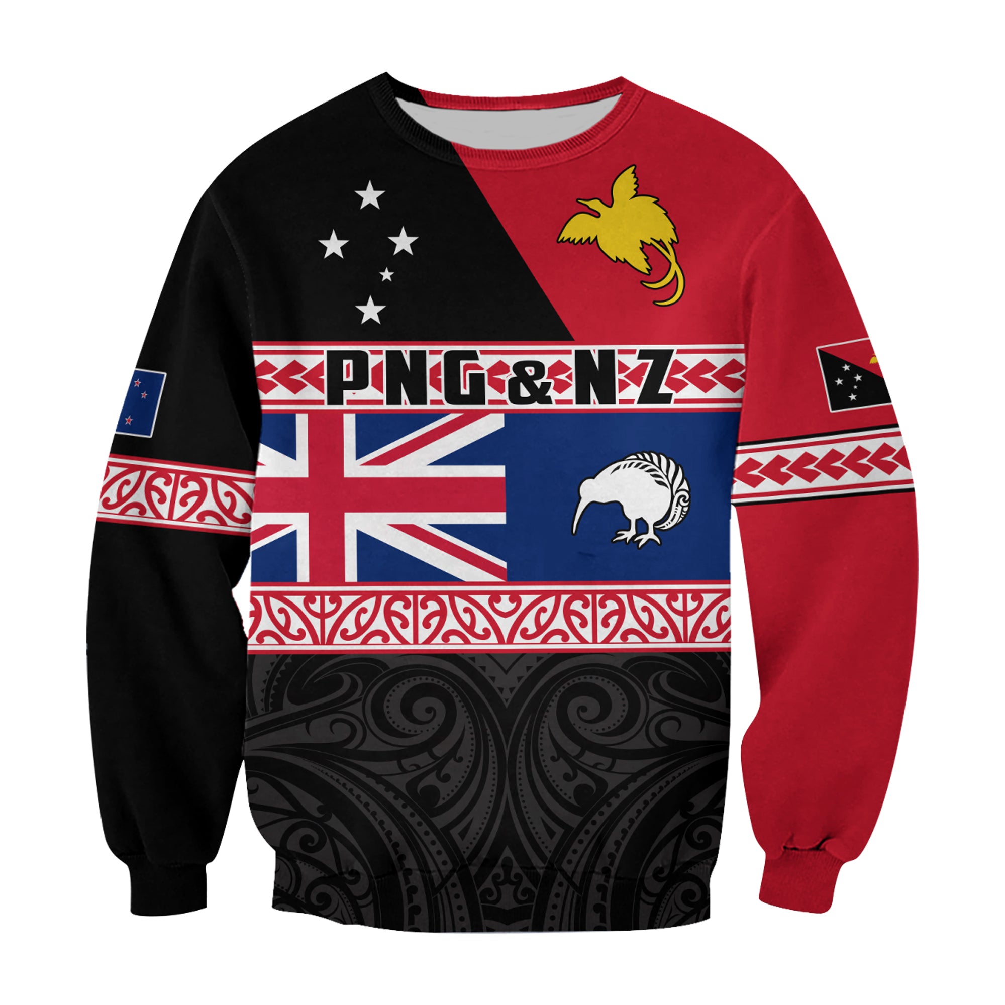 Papua New Guinea and New Zealand Sweatshirt Maori PNG and NZ LT13 Unisex Black - Polynesian Pride