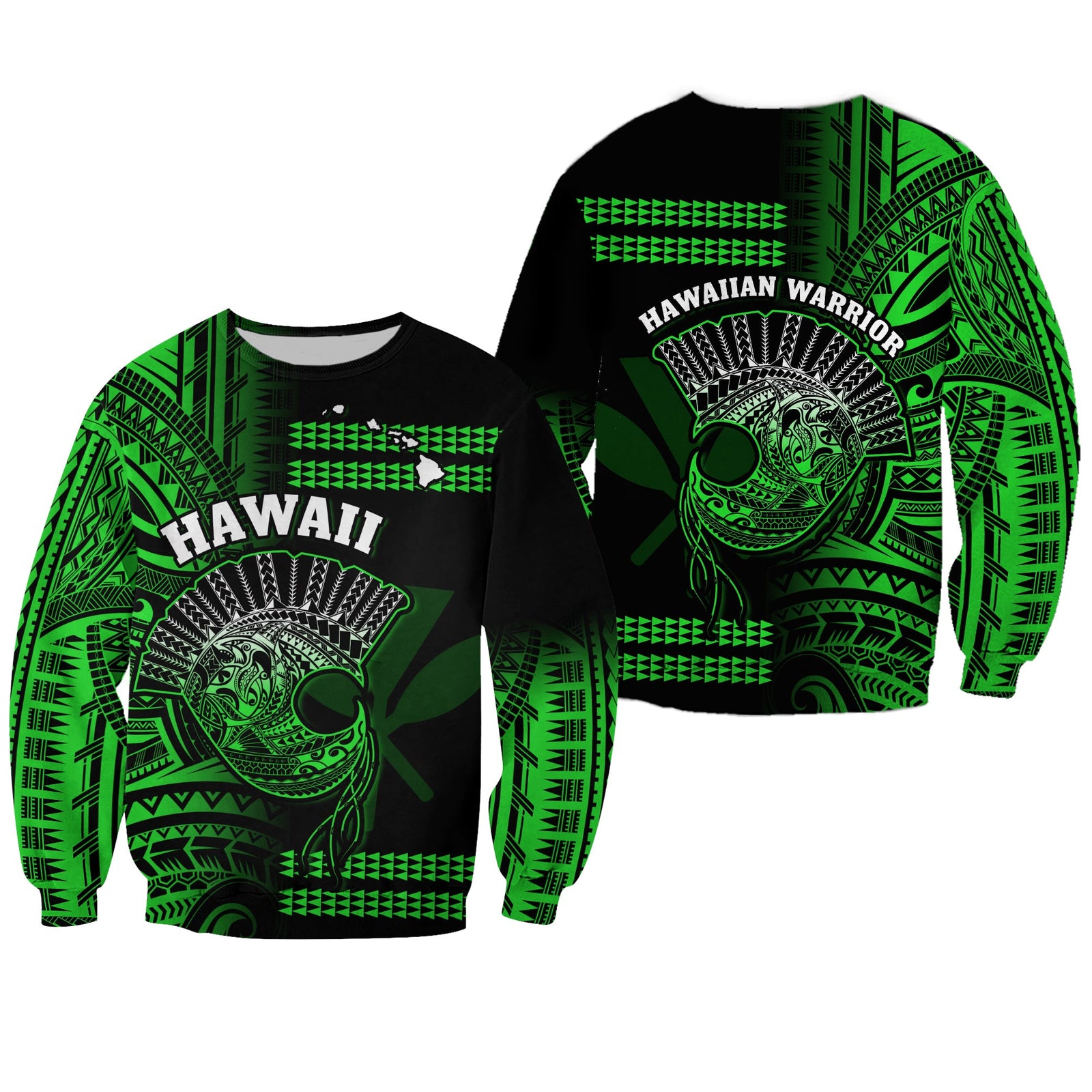 Hawaii Sweatshirt Kakau Warrior Helmet Gradient Green Polynesian LT14 Unisex Green - Polynesian Pride