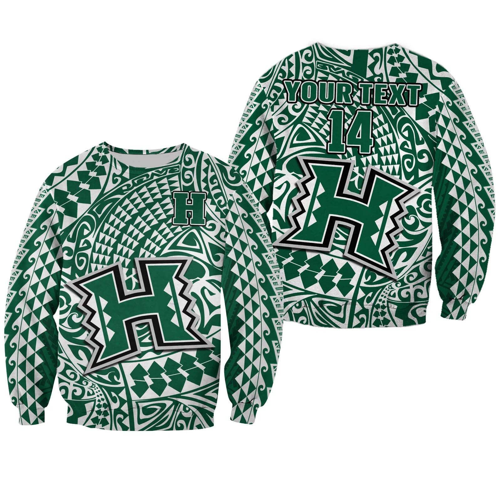 (Custom Text And Number) Hawaii Football Sweatshirt Rainbow Warriors Tribal Kakau LT14 Unisex Green - Polynesian Pride