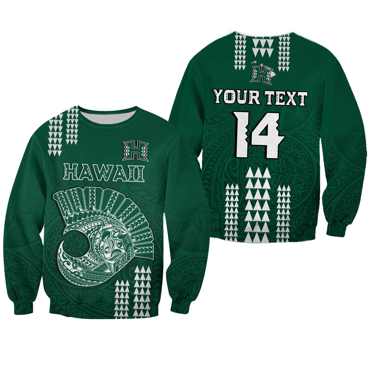 (Custom Text And Number) Hawaii Football Sweatshirt Kakau Rainbow Warriors Helmet LT14 Unisex Green - Polynesian Pride