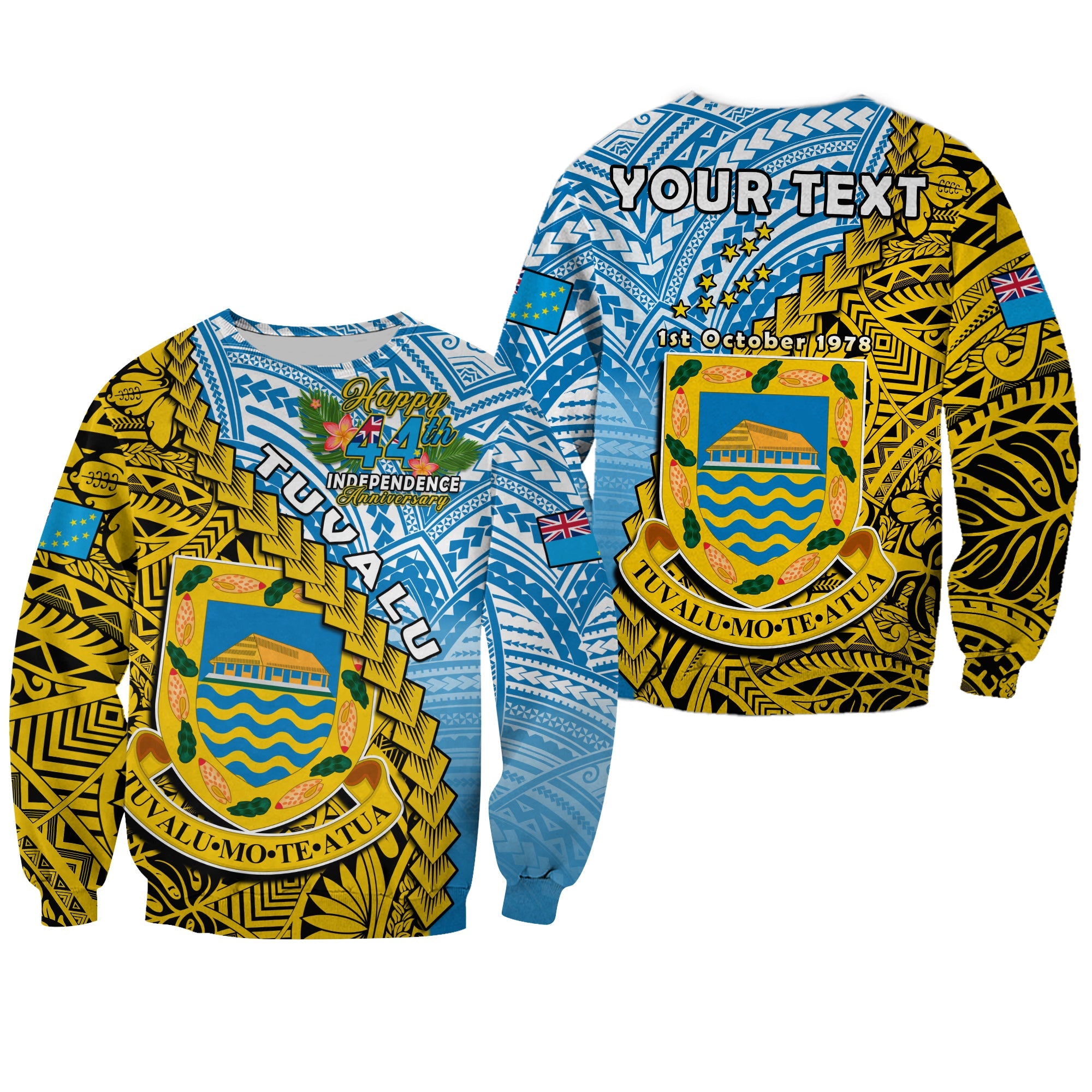 (Custom Personalised) Tuvalu 1978 Sweatshirt Happy 44th Independence Anniversary Polynesian Pattern LT14 Unisex Yellow - Polynesian Pride