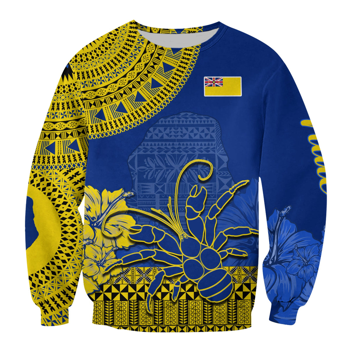 Niue Hiapo Sweatshirt Rock of Polynesia Tapa Niuean Crab Happy Day LT13 Unisex Blue - Polynesian Pride