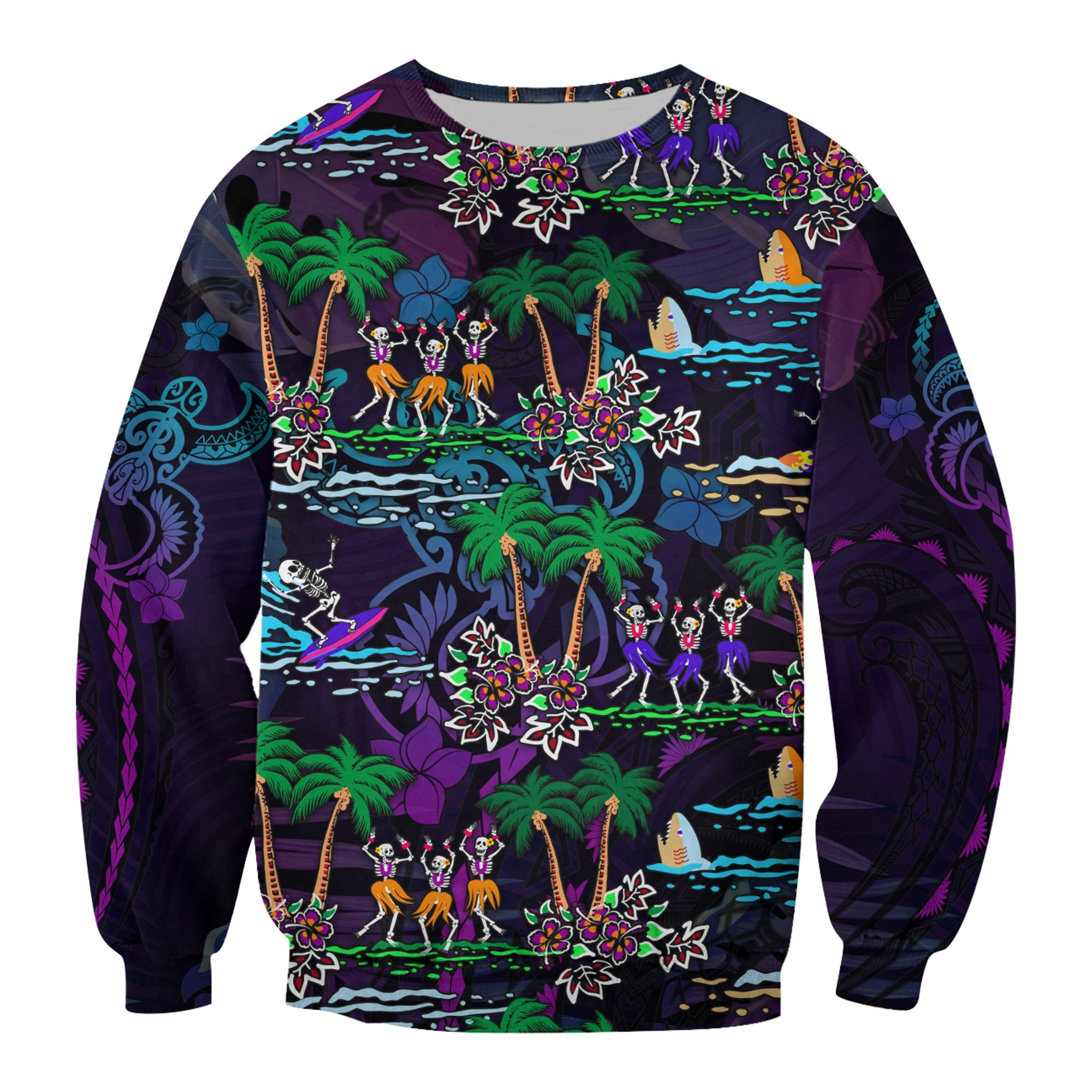 Hawaii Skeleton Dancing Sweatshirt Halloween Hawaiian Turtle LT13 Unisex Purple - Polynesian Pride