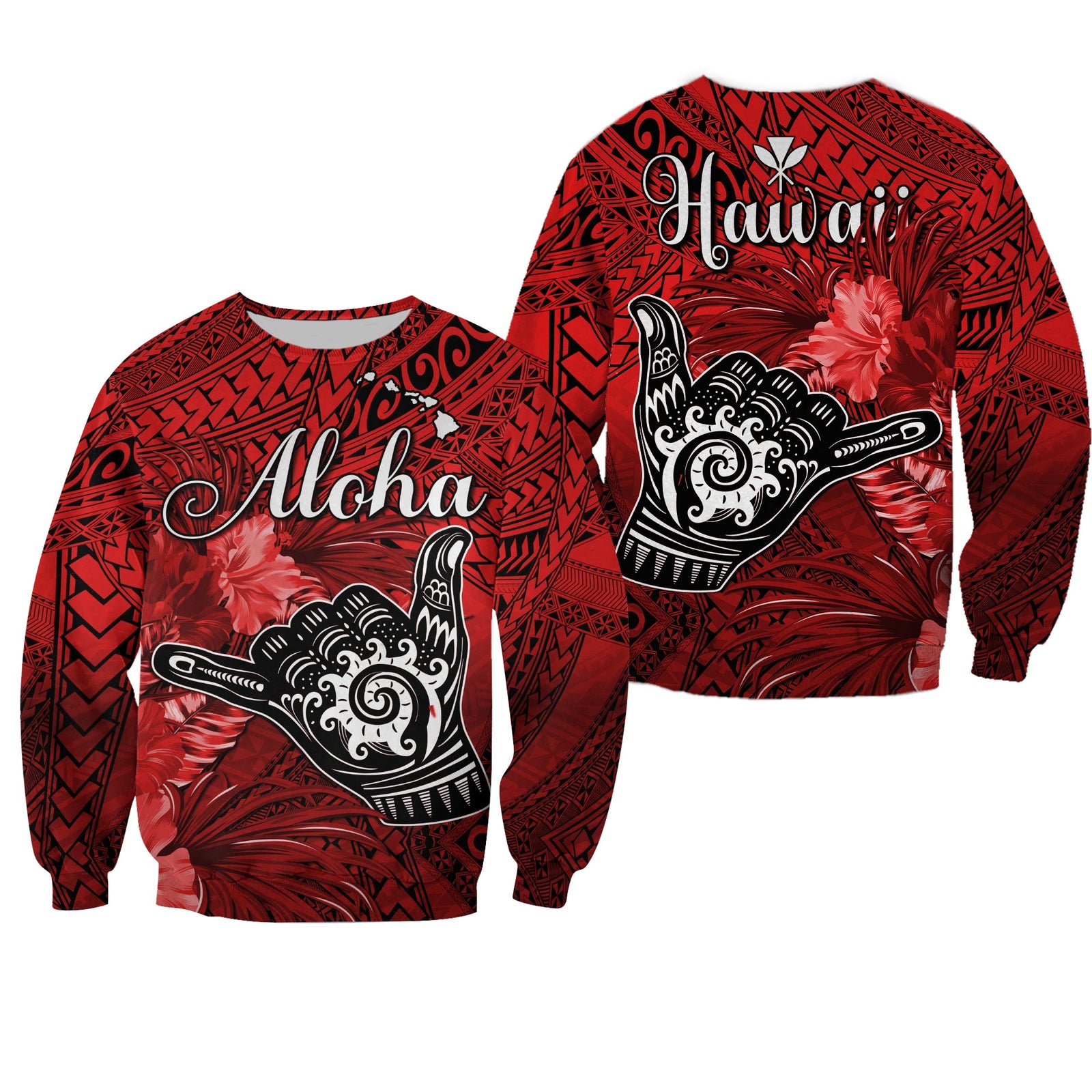 The Shaka Hawaii Sweatshirt Tropical Flowers Red Version LT13 Unisex Red - Polynesian Pride