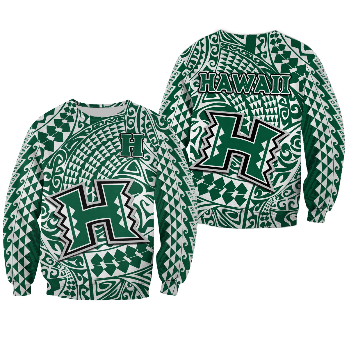 Hawaii Football Sweatshirt Rainbow Warriors Tribal Kakau LT14 Unisex Green - Polynesian Pride