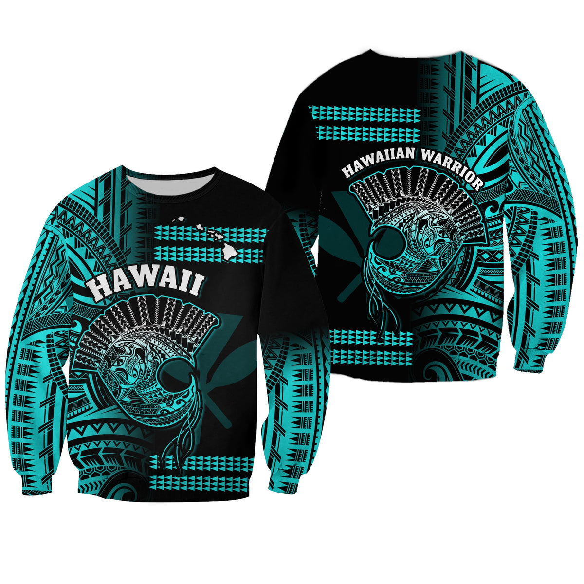 Hawaii Sweatshirt Kakau Warrior Helmet Gradient Turquoise Polynesian LT14 Unisex Turquoise - Polynesian Pride