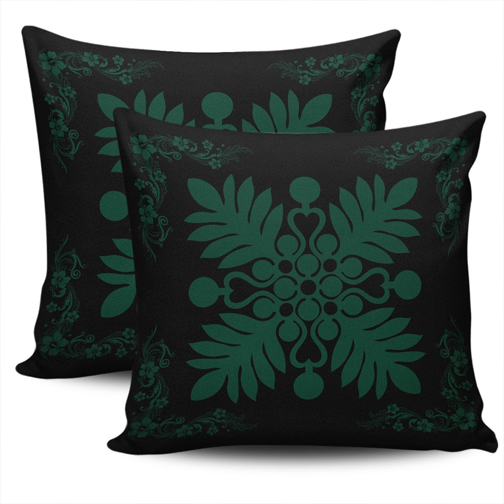 Hawaiian Quilt Maui Plant And Hibiscus Pattern Pillow Covers - Sacramento Black - AH - Polynesian Pride