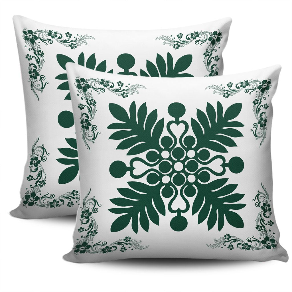 Hawaiian Quilt Maui Plant And Hibiscus Pattern Pillow Covers - Sacramento White - AH - Polynesian Pride