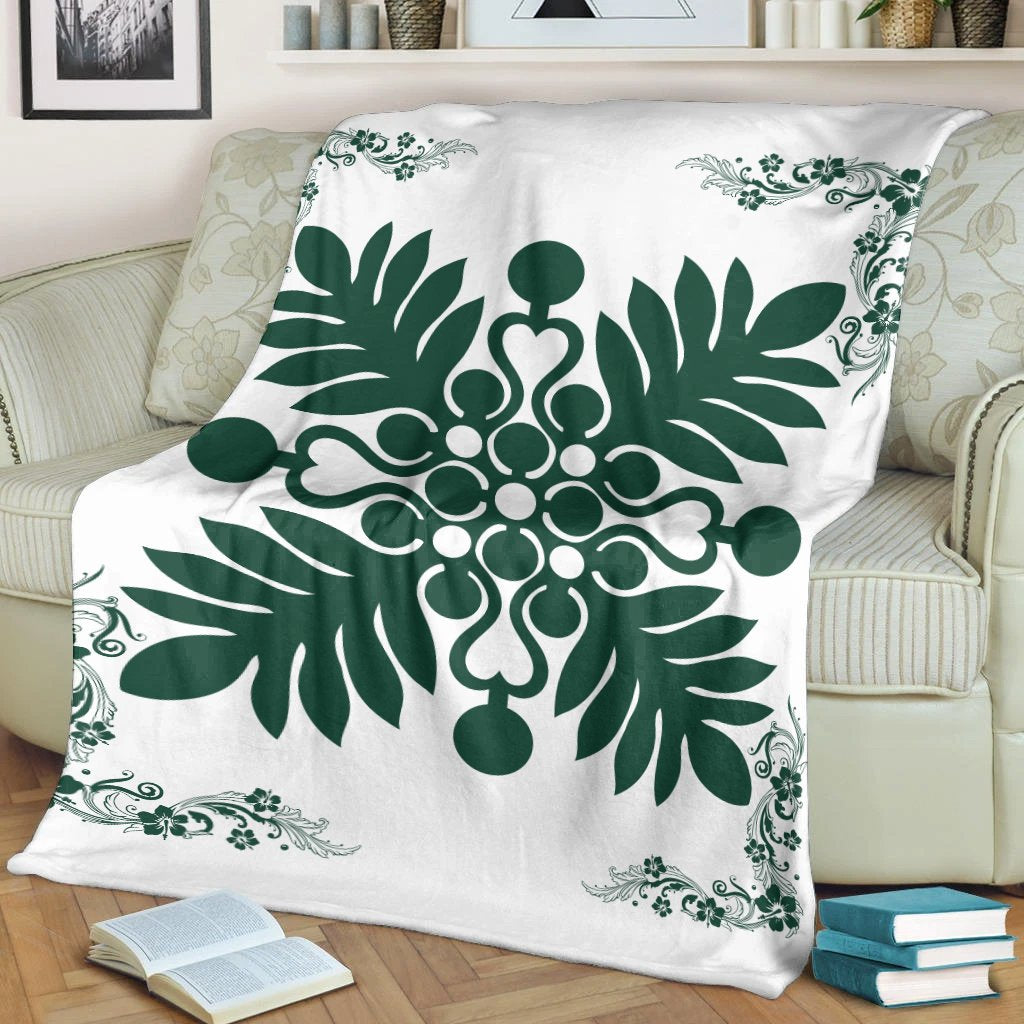 Hawaiian Quilt Maui Plant And Hibiscus Premium Blanket - Sacramento White - AH - Polynesian Pride