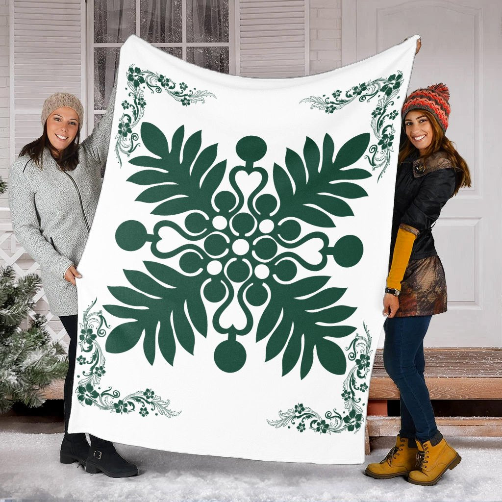 Hawaiian Quilt Maui Plant And Hibiscus Premium Blanket - Sacramento White - AH - Polynesian Pride