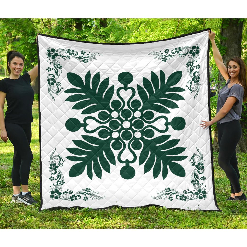 Hawaiian Quilt Maui Plant And Hibiscus Premium Quilt - Sacramento White - AH Sacramento - Polynesian Pride