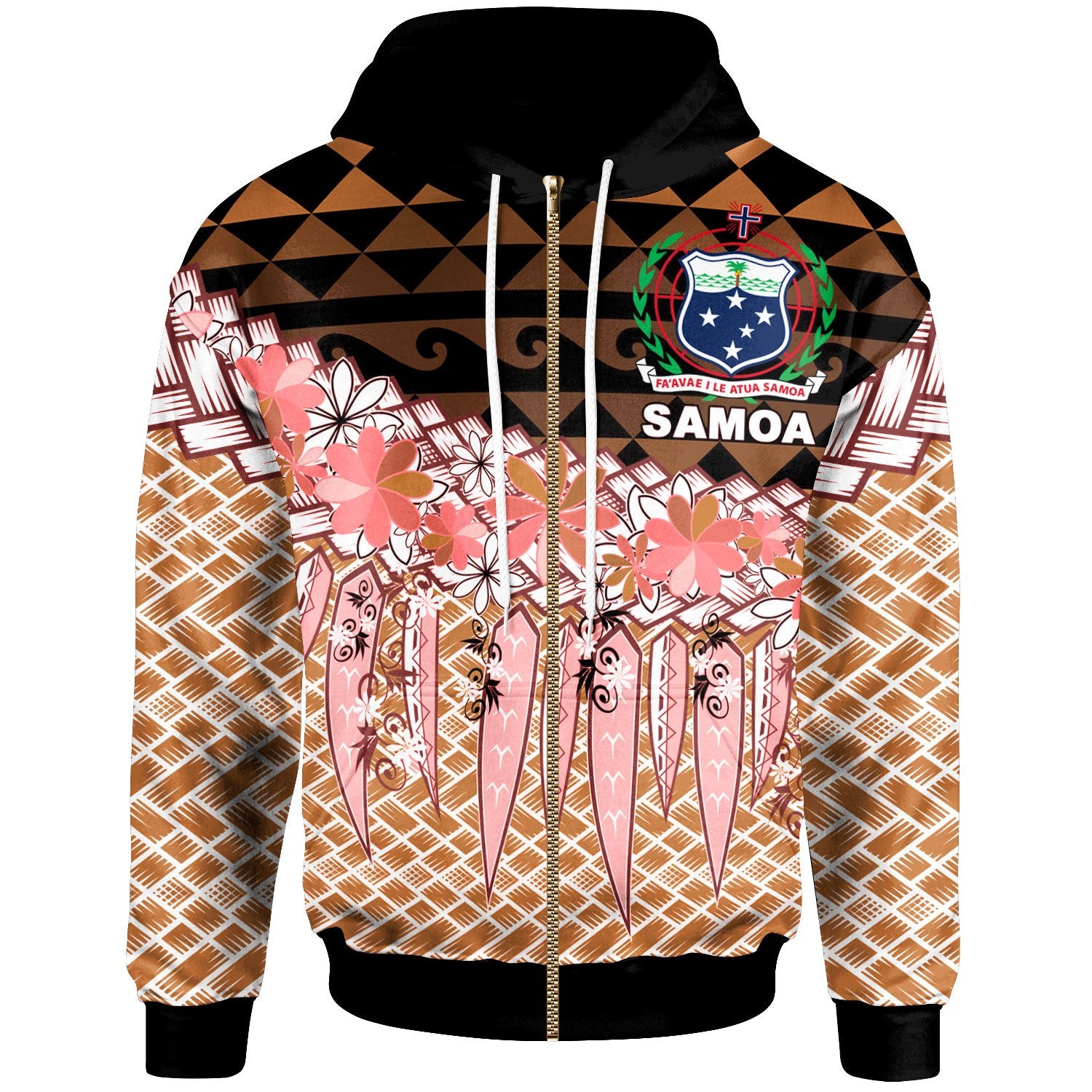 Samoa Zip Hoodie Coconut Leaves Weave Pattern Brown Unisex Brown - Polynesian Pride