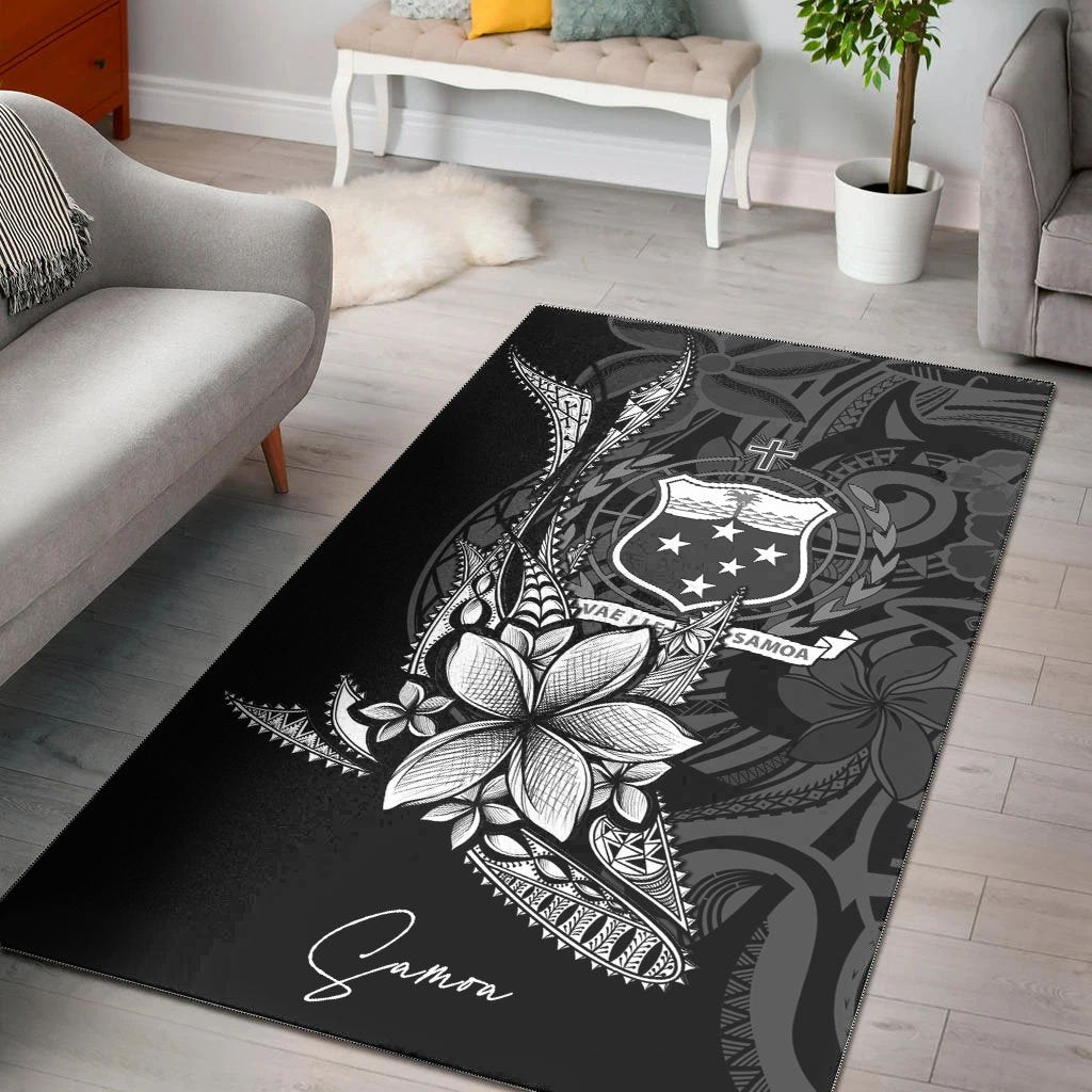 Samoa Area Rug - Fish With Plumeria Flowers Style Black - Polynesian Pride