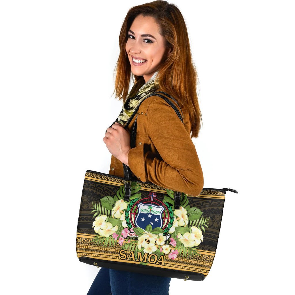 Samoa Leather Tote - Polynesian Gold Patterns Collection Black - Polynesian Pride