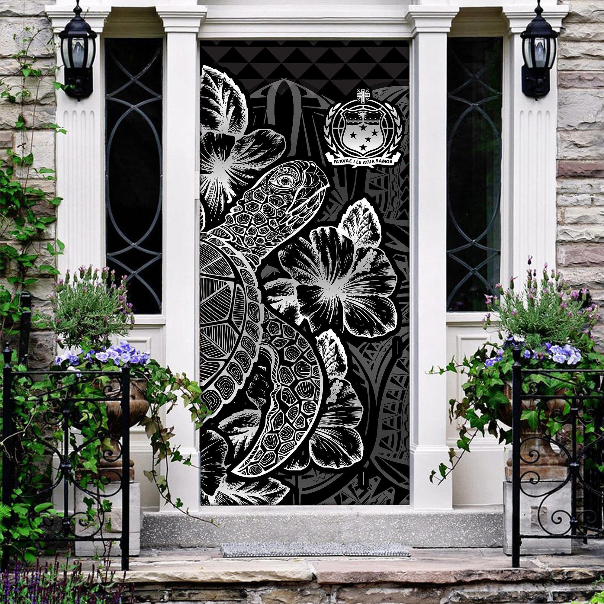 Samoa Door Cover Turtle Hibiscus Black - Polynesian Pride