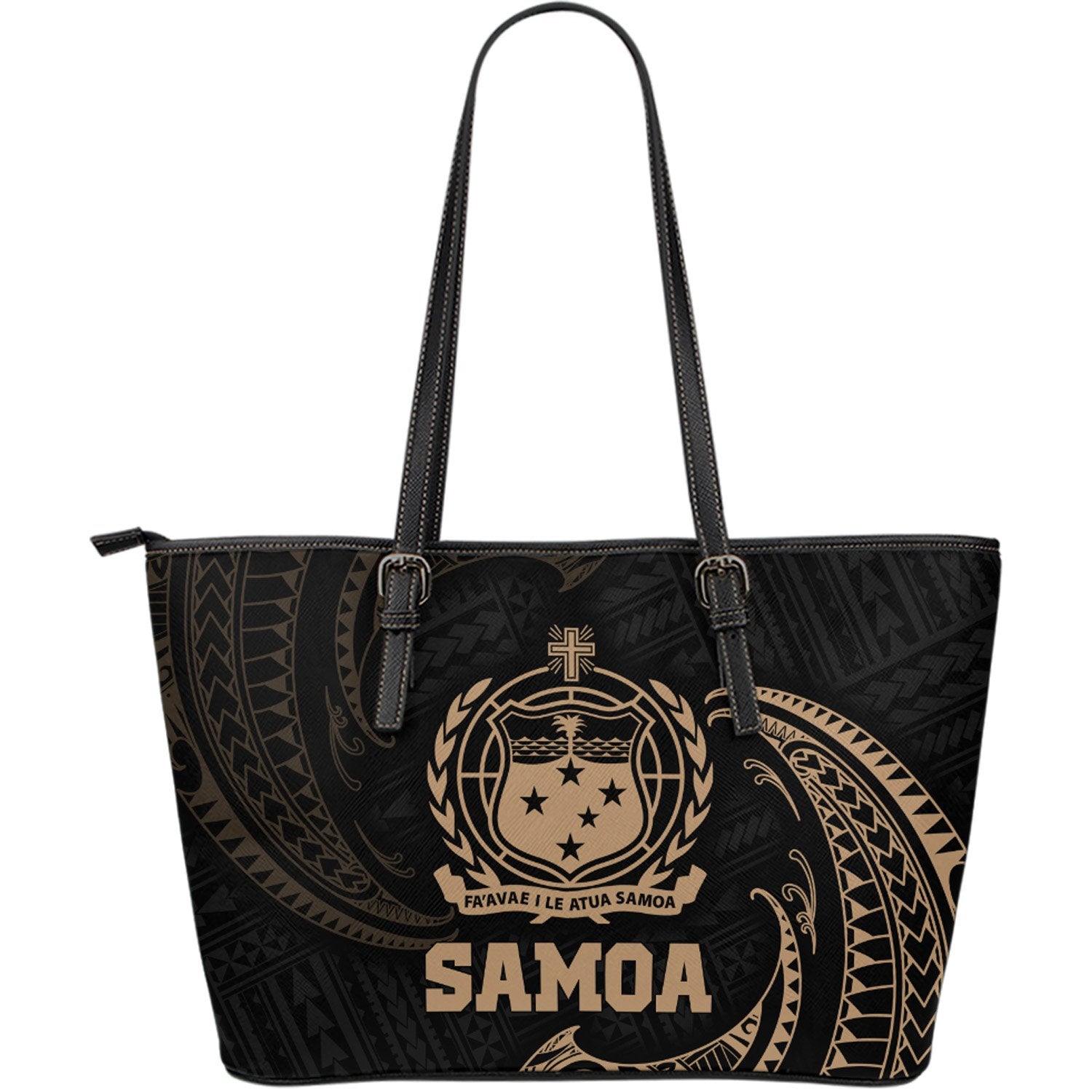 Samoa Polynesian Leather Tote Bag - Gold Tribal Wave Black - Polynesian Pride