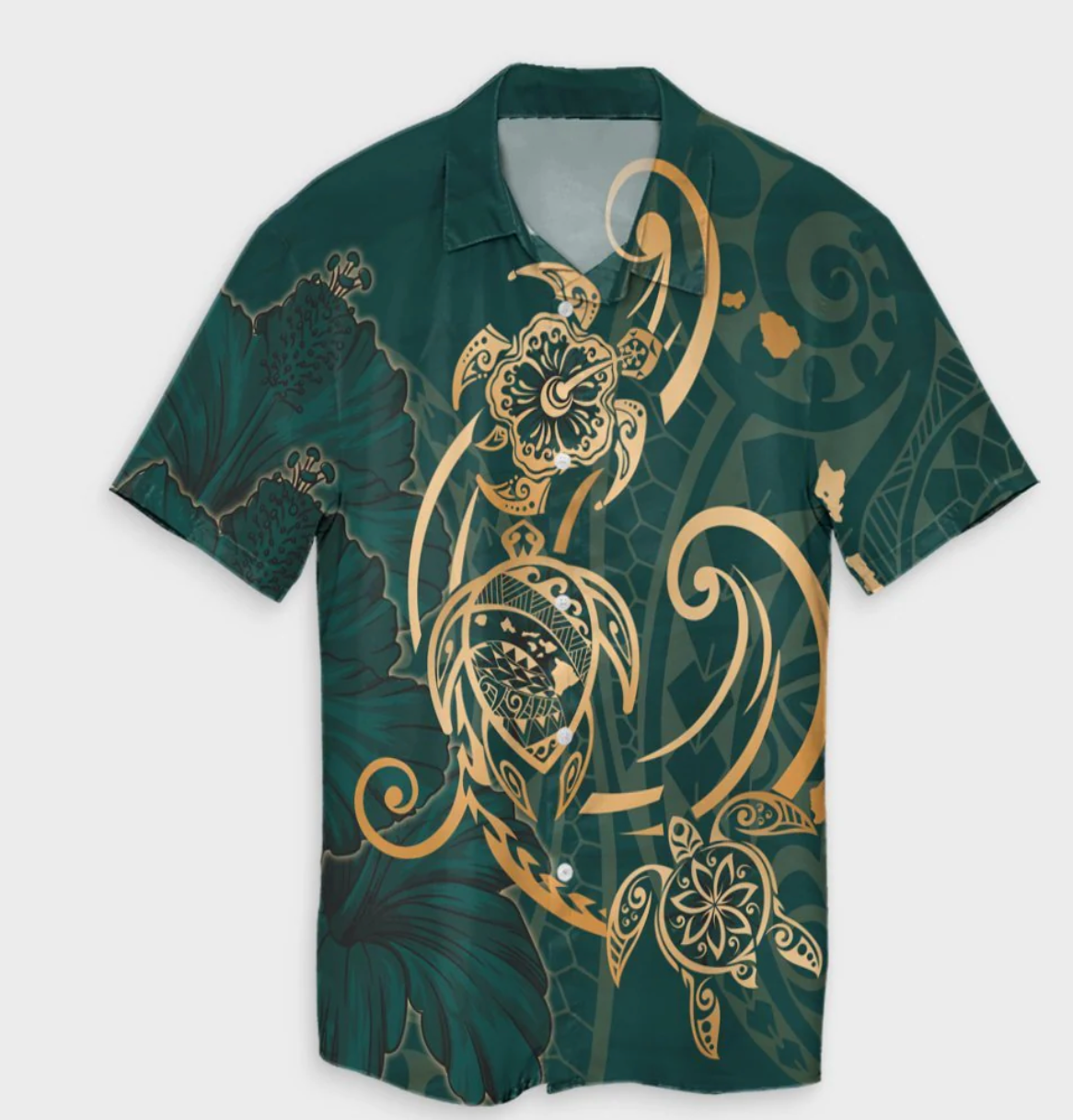 Hawaii Triple Marble Turtle Polynesian Hibiscus Hawaiian Shirt Benjamin Style Green Blue - Polynesian Pride