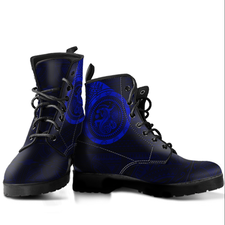 Polynesian Smiling Tiki Leather Boots Blue A7 Blue - Polynesian Pride