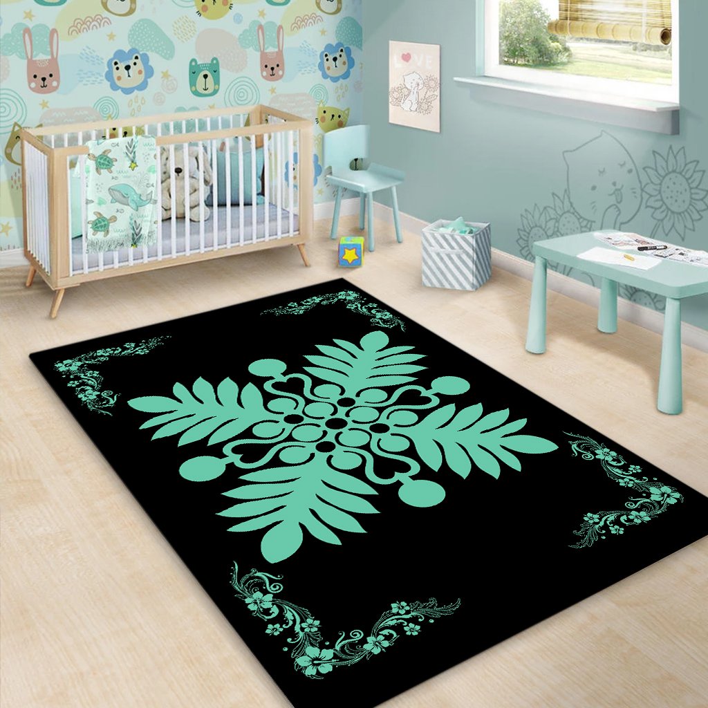 Hawaiian Quilt Maui Plant And Hibiscus Pattern Area Rug - Seafoarm Black - AH - Polynesian Pride