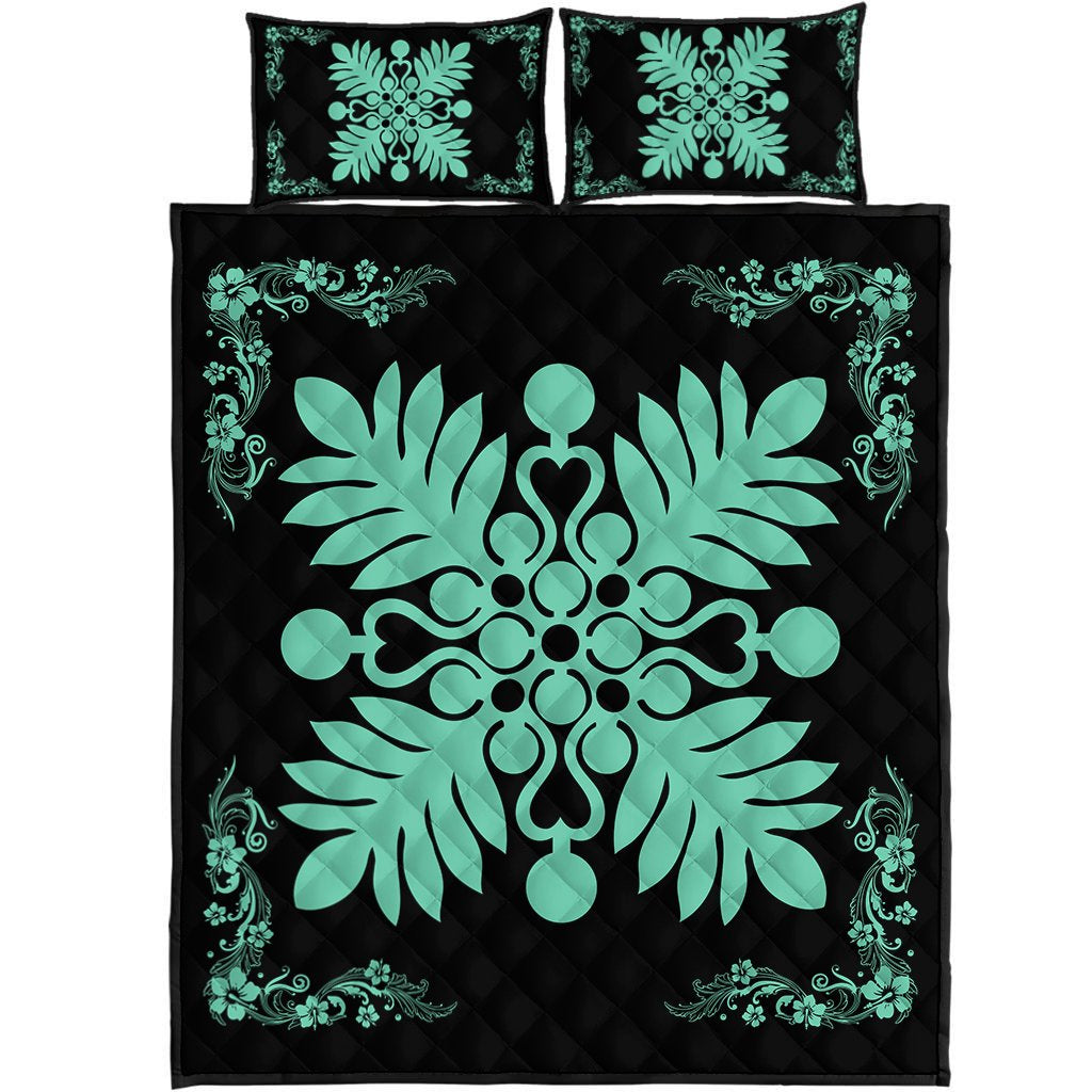 Hawaiian Quilt Maui Plant And Hibiscus Pattern Quilt Bed Set - Seafoarm Black - AH Seafoarm - Polynesian Pride