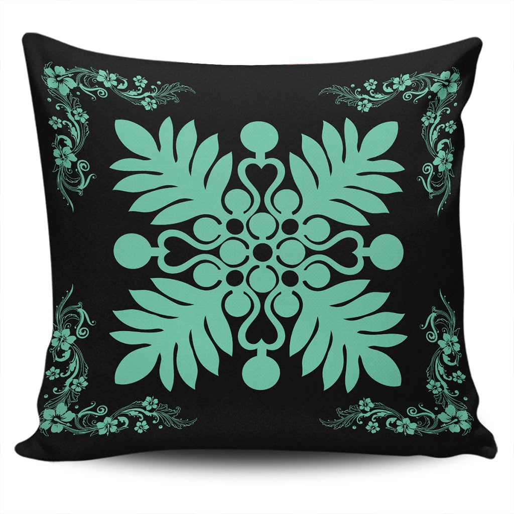 Hawaiian Quilt Maui Plant And Hibiscus Pattern Pillow Covers - Seafoarm Black - AH One Size Seafoarm - Polynesian Pride