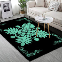 Hawaiian Quilt Maui Plant And Hibiscus Pattern Area Rug - Seafoarm Black - AH - Polynesian Pride
