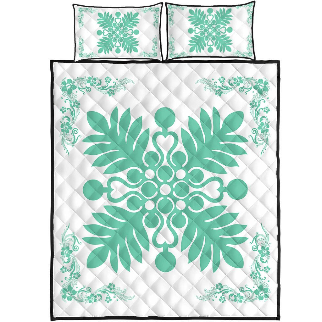 Hawaiian Quilt Maui Plant And Hibiscus Pattern Quilt Bed Set - Seafoarm White - AH Seafoarm - Polynesian Pride