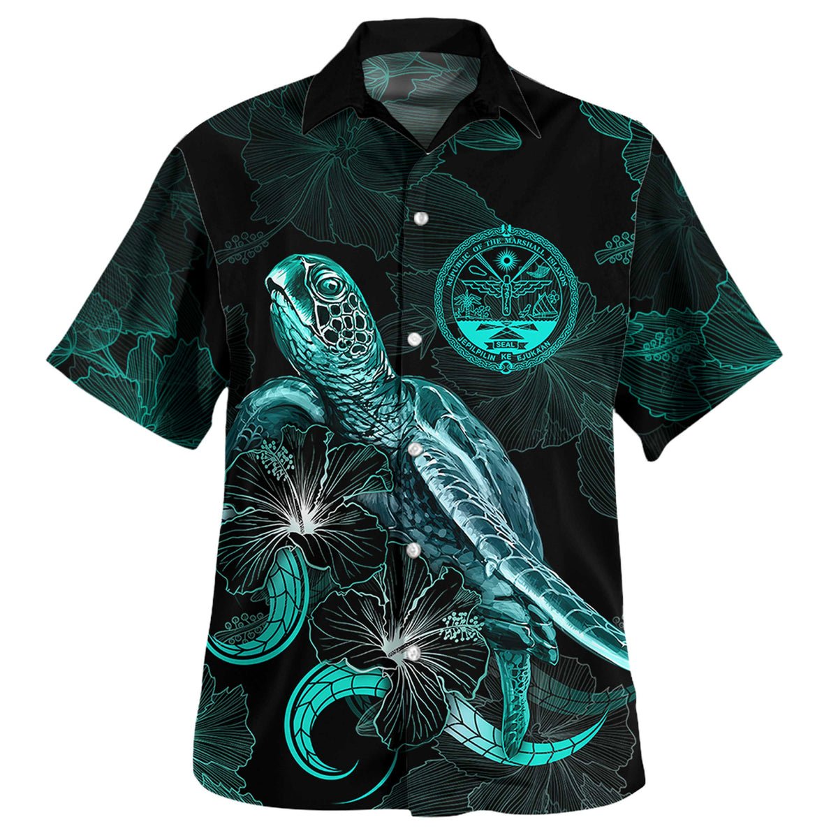 Marshall Islands Matching Dress and Hawaiian Shirt Polynesian with Turtle and Blooming Hibiscus Turquoise - Polynesian Pride