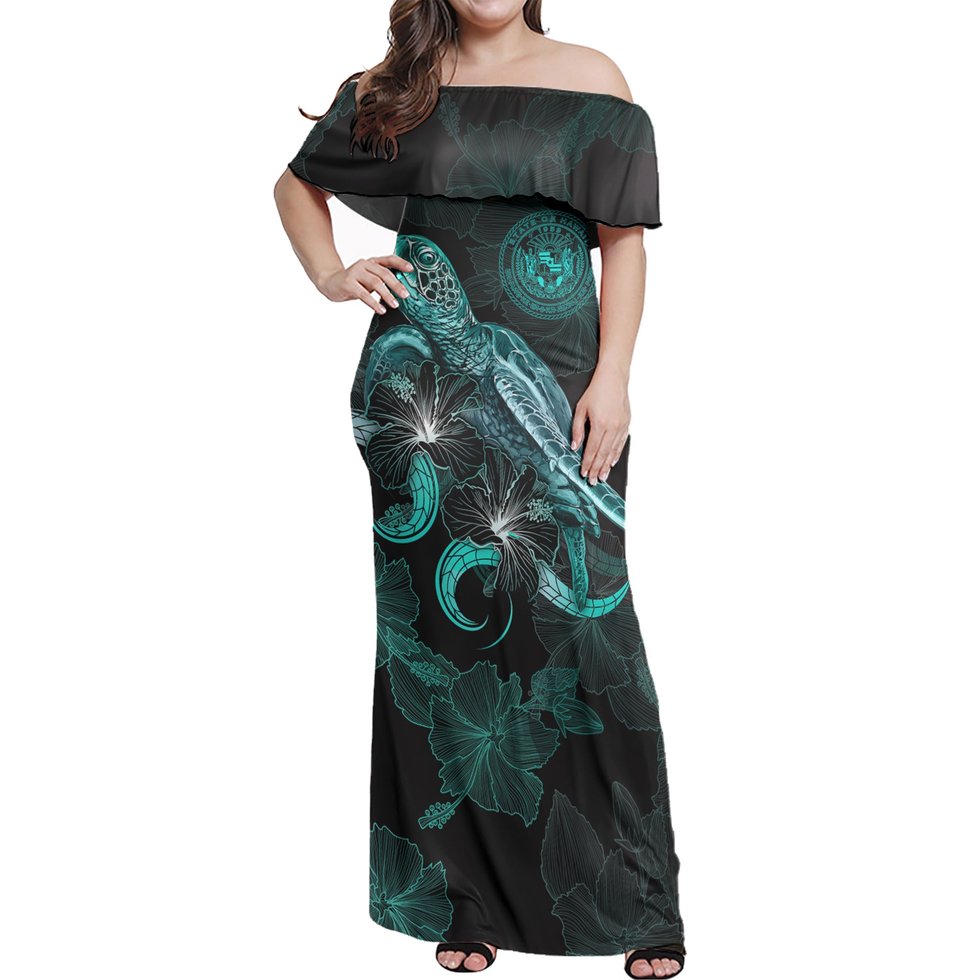 Hawaii Off Shoulder Long Dress - Hawaii Seal With Polynesian Turtle Blooming Hibiscus Turquoise Women Turquoise - Polynesian Pride