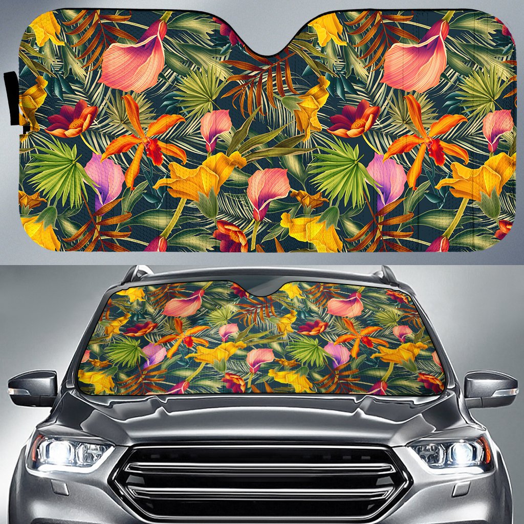 Seamless Tropical Flower Plant And Leaf Pattern Hawaii Car Sun Shade Auto Sun Shade Universal Fit White - Polynesian Pride