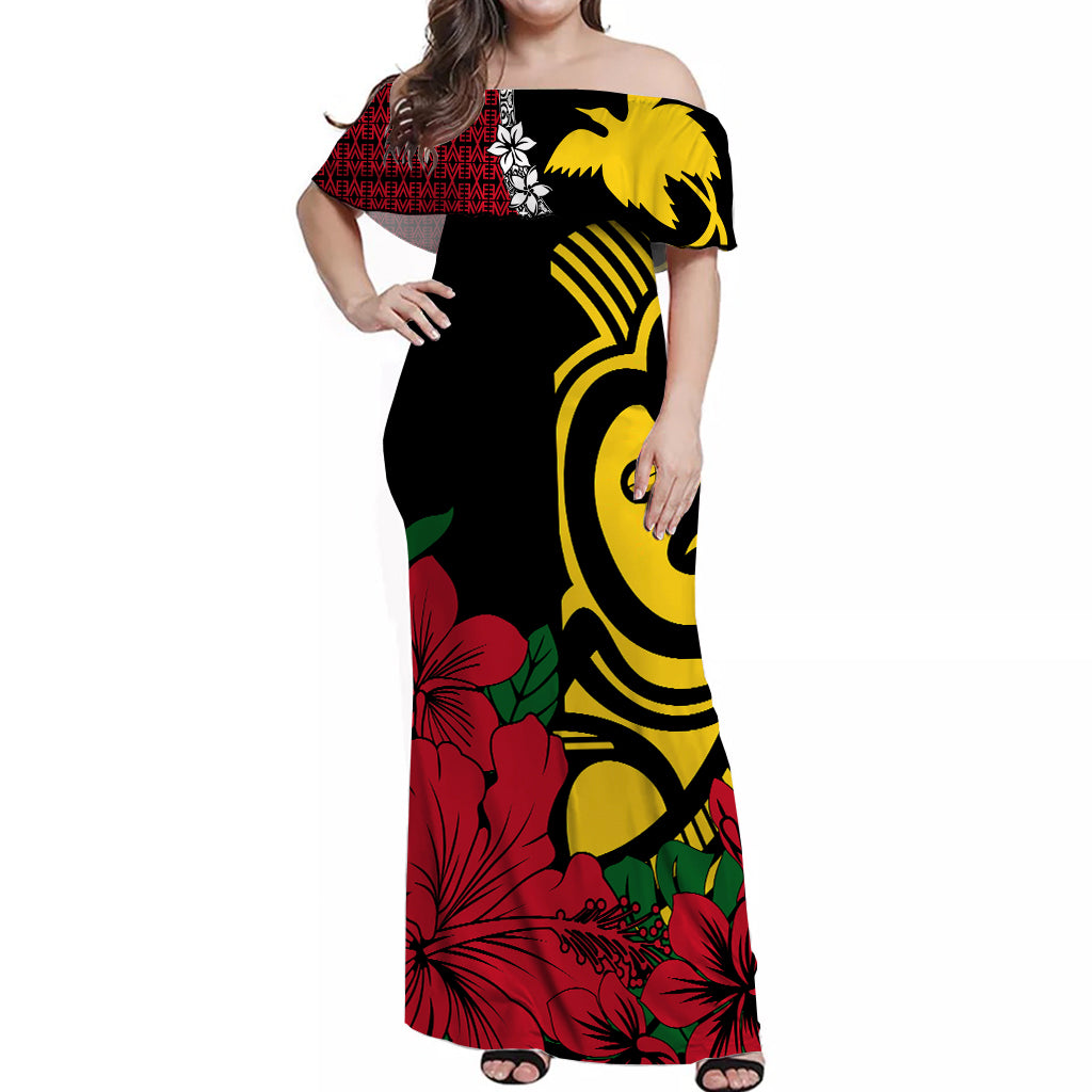 PNG Hibiscus Tribal Pattern Off Shoulder Long Dress Sepik Mask LT7 Long Dress Black - Polynesian Pride