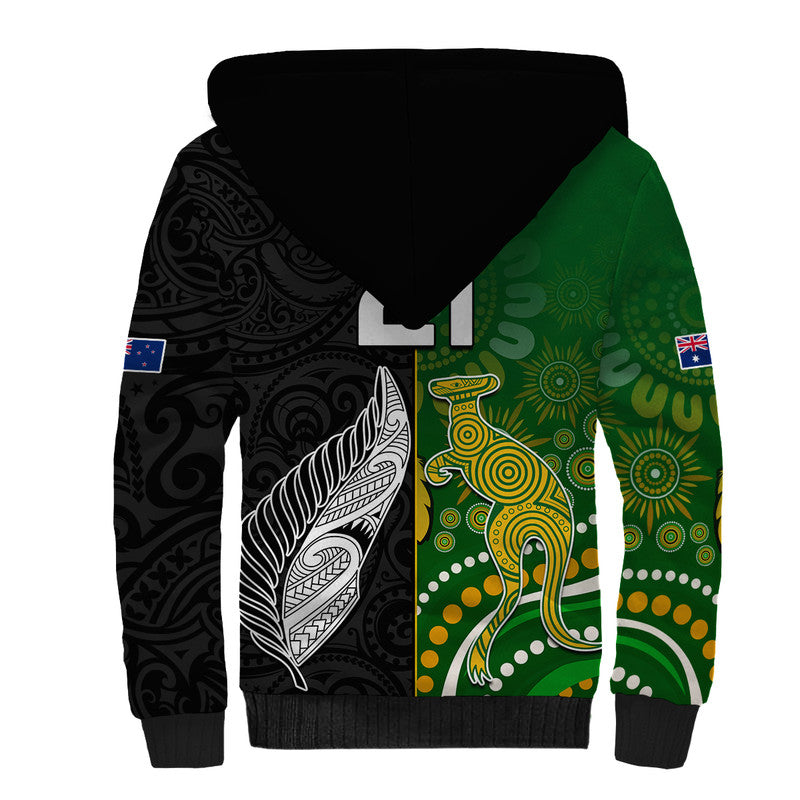 (Custom Personalised) Aotearoa Rugby All Black Combine Australia Wallabies Sherpa Hoodie Aboriginal Kangaroo And Maori Fern LT9 - Polynesian Pride