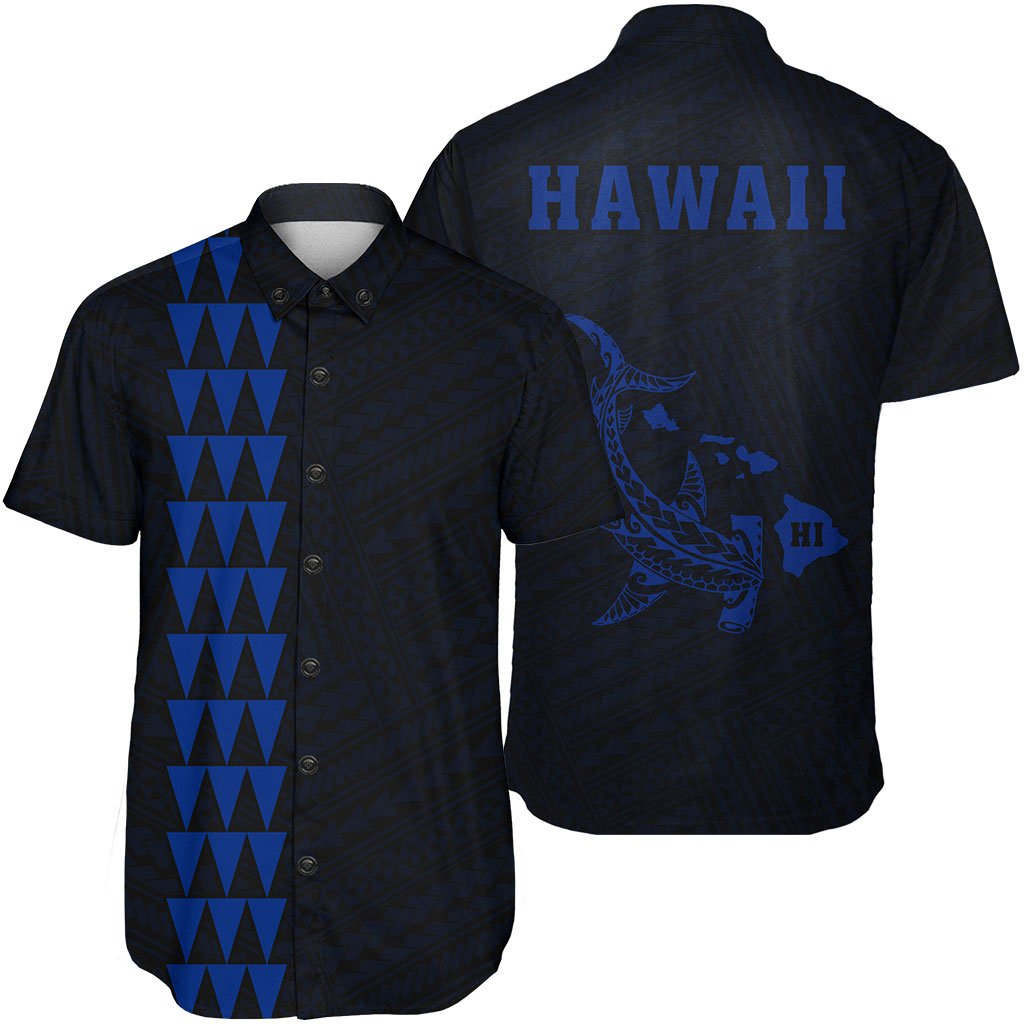 Hawaii Kakau Polynesian Hammerhead Shark Short Sleeve Shirt - Blue Unisex Blue - Polynesian Pride