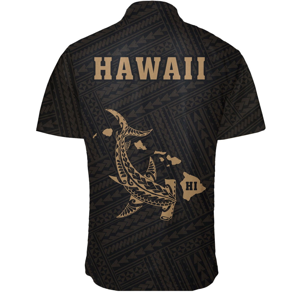 Hawaii Kakau Polynesian Hammerhead Shark Short Sleeve Shirt - Gold - Polynesian Pride