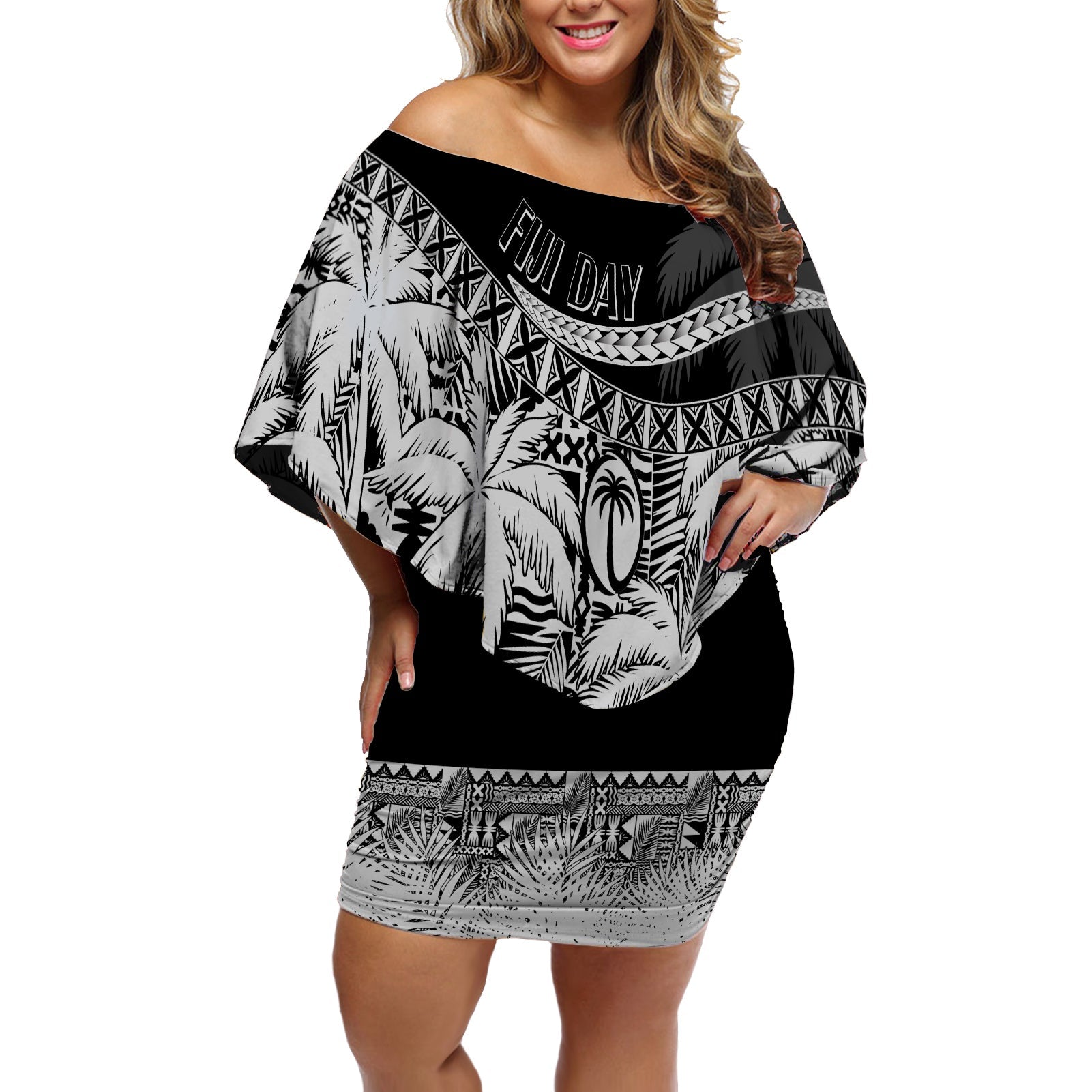 Fiji Day Off Shoulder Short Dress Flying Fijians Masi Kesa Style - Black LT7 Women Black - Polynesian Pride