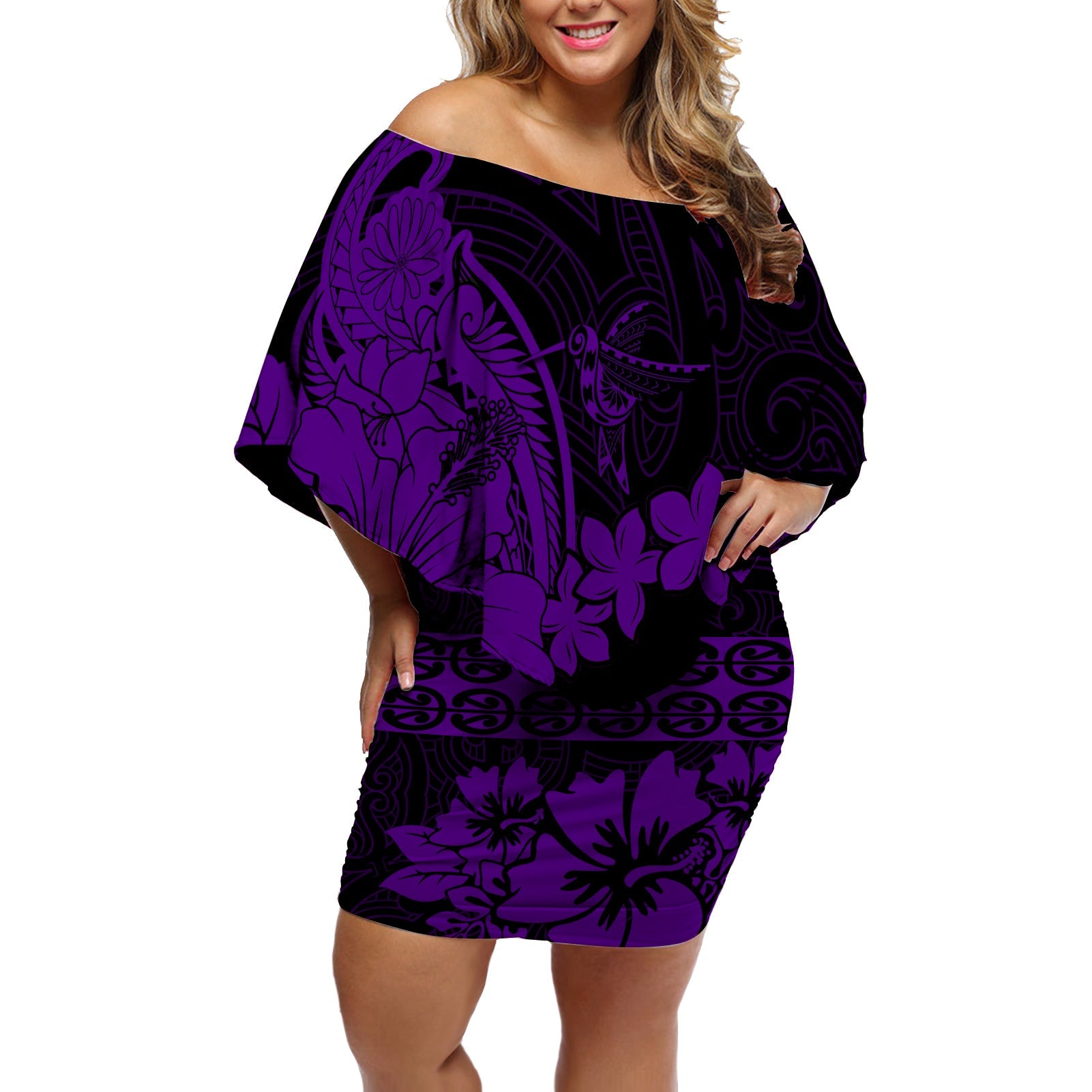 Maori Off Shoulder Short Dress Humming Bird - Purple LT7 Women Purple - Polynesian Pride