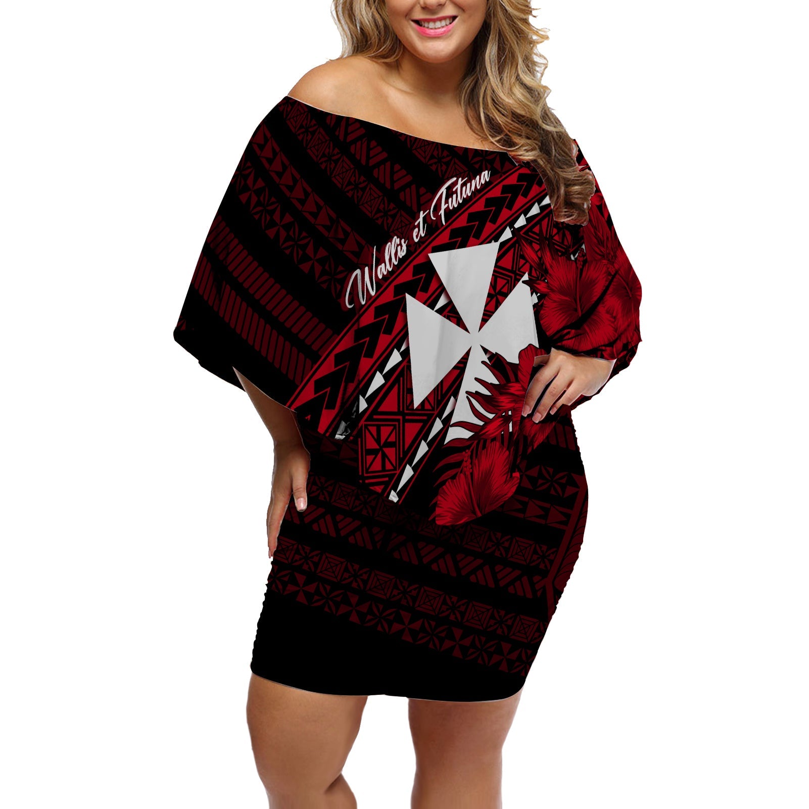 Wallis et Futuna Off Shoulder Short Dress Tapa Hibiscus Vibes LT7 Women Red - Polynesian Pride