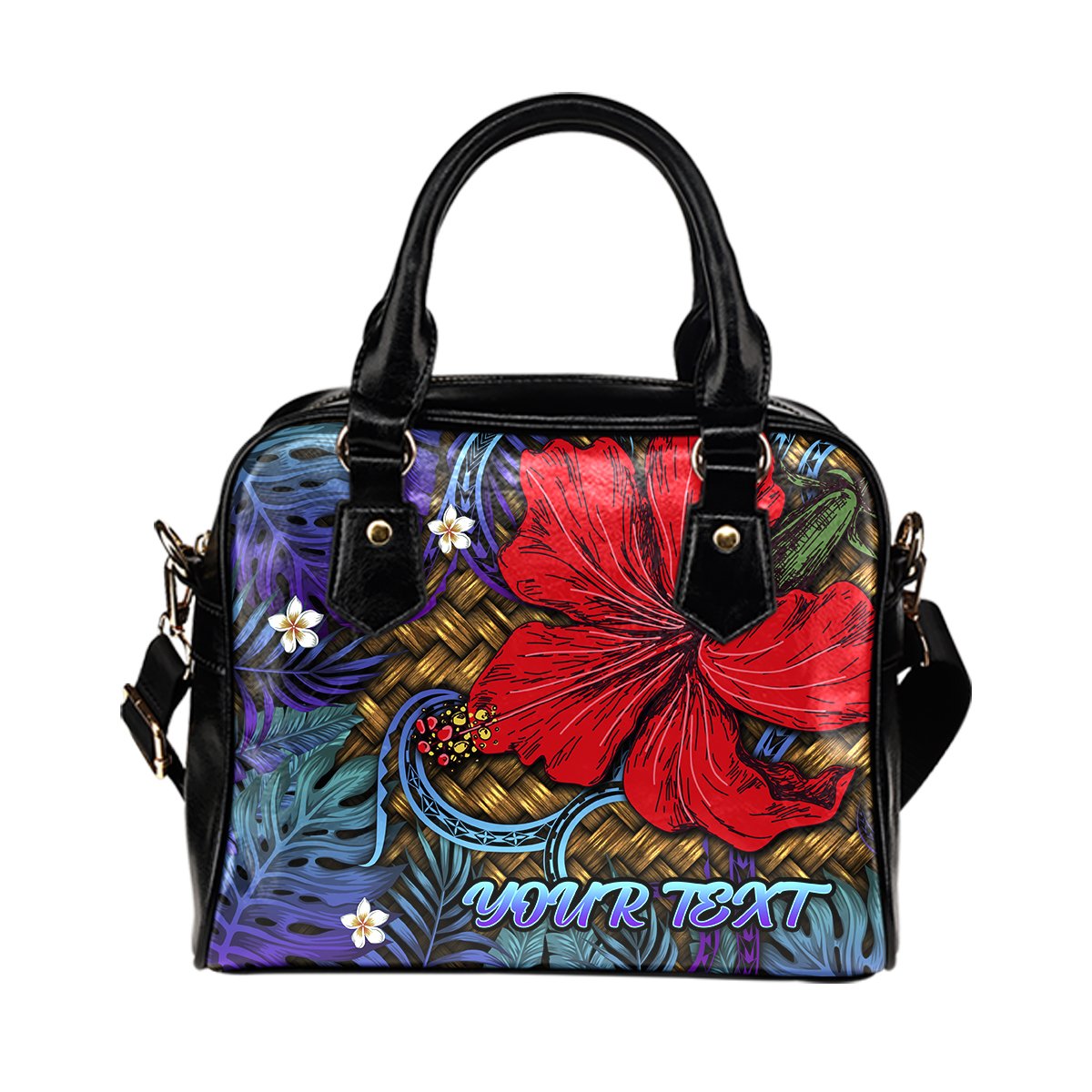 Hawaii Lauhala Hibiscus Polynesian Tropical Shoulder Handbag Purple - Wake Style - AH One Size Blue - Polynesian Pride