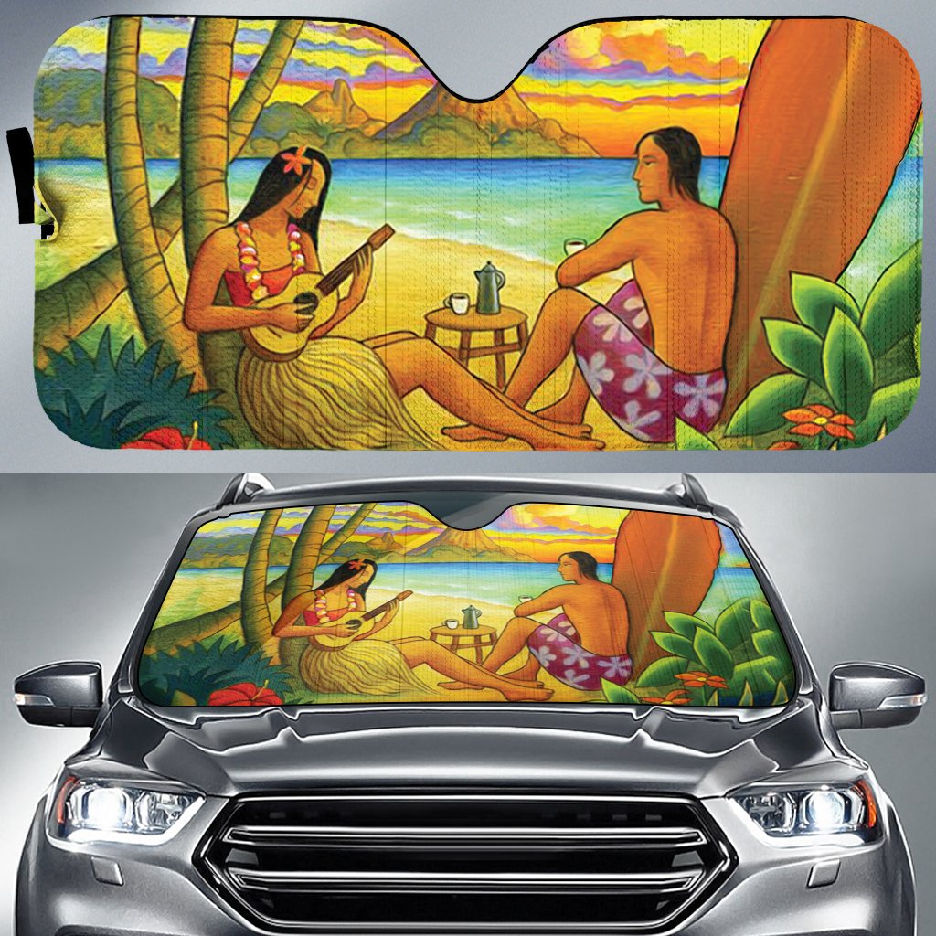 Sing A Song On A Beach Car Sun Shade AH Auto Sun Shade Universal Fit White - Polynesian Pride
