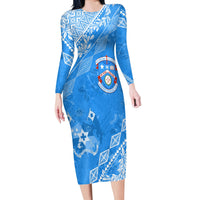 Apifoou College Tonga Long Sleeves Bodycon Dress Kupesi Style - Ver01 LT7 Polyester/spandex Blue - Polynesian Pride