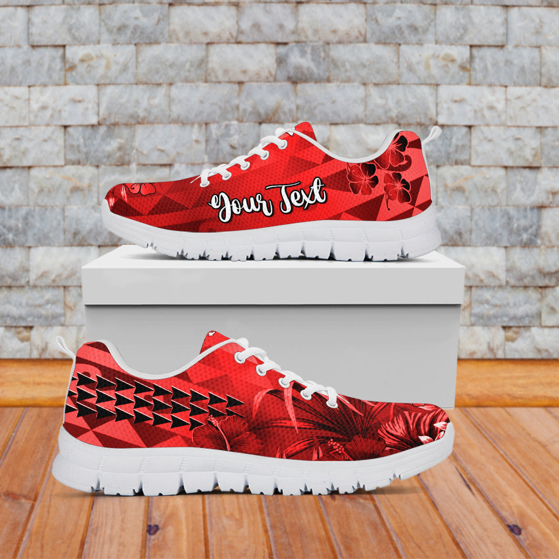 (Custom Personalised) Hawaii Flowers Sneakers Red Tribal Pattern Hawaiian LT13 White - Polynesian Pride