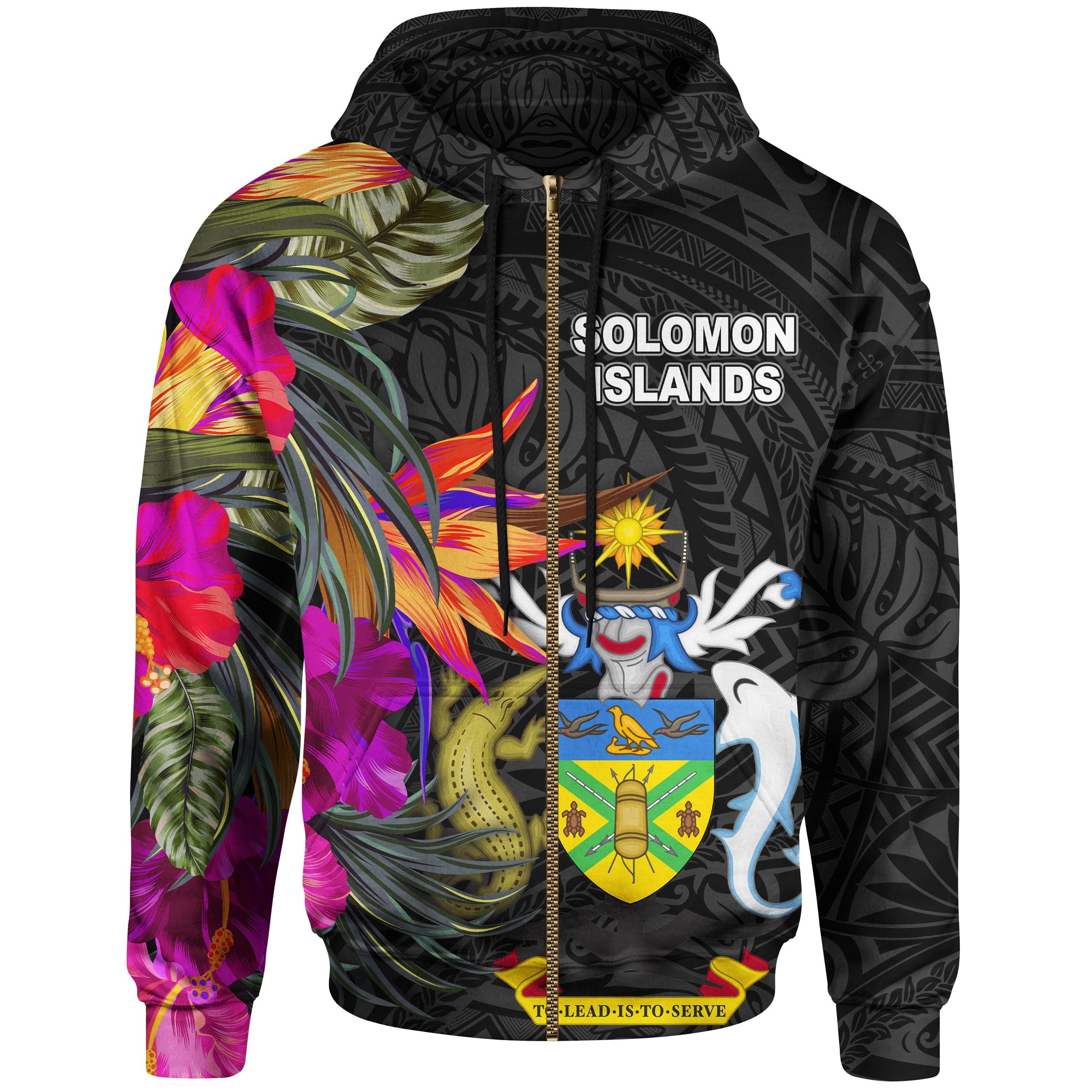 Solomon Islands Zip up Hoodie Hibiscus Polynesian Pattern Unisex Black - Polynesian Pride