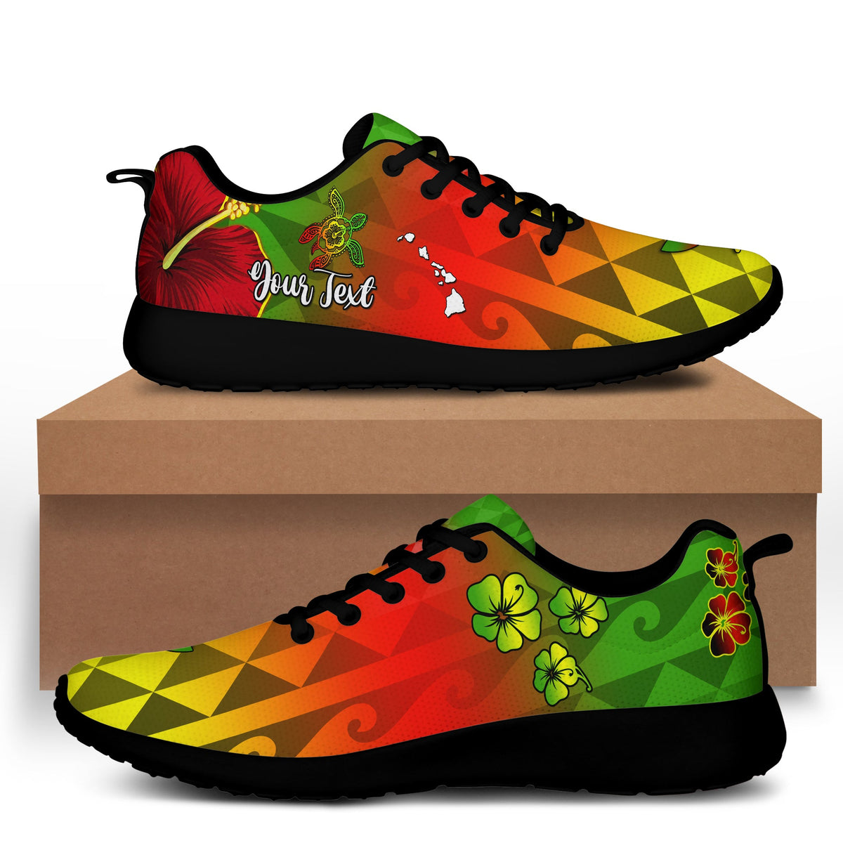(Custom Personalised) Hawaii Flowers Sporty Sneakers Color Tribal Pattern Hawaiian LT13 Black - Polynesian Pride
