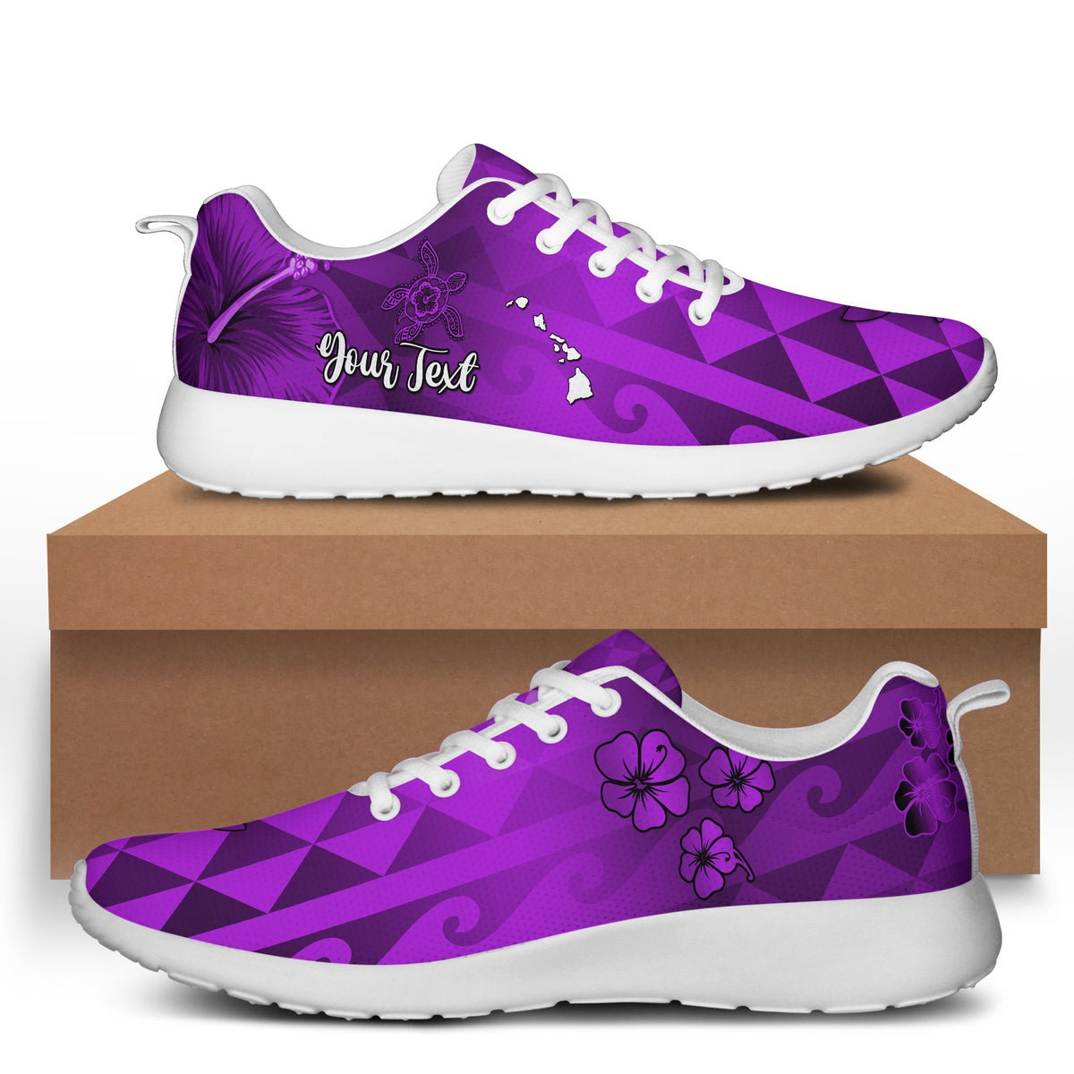 (Custom Personalised) Hawaii Flowers Sporty Sneakers Purple Tribal Pattern Hawaiian LT13 White - Polynesian Pride