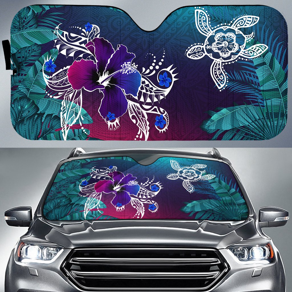 hawaiiAuto Sun Shade - Hawaii Turtle Flowers And Palms Retro Auto Sun Shade Universal Fit Green - Polynesian Pride