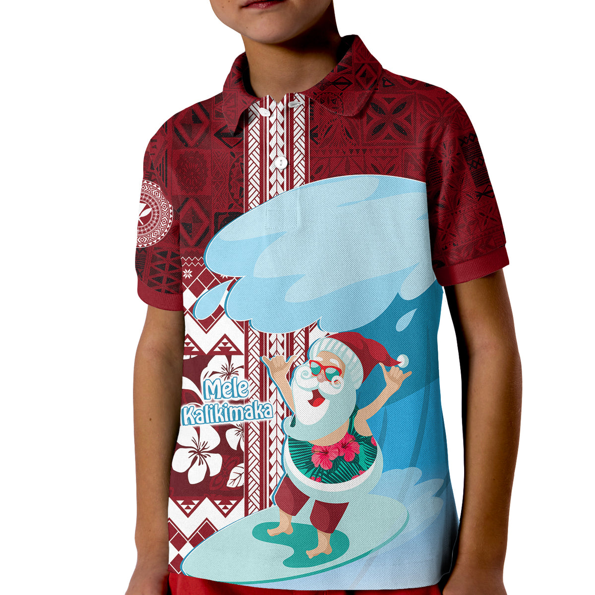 Hawaii Christmas Surfing Santa Claus Mele Kalikimaka Polo Shirt KID LT7 Unisex Red - Polynesian Pride