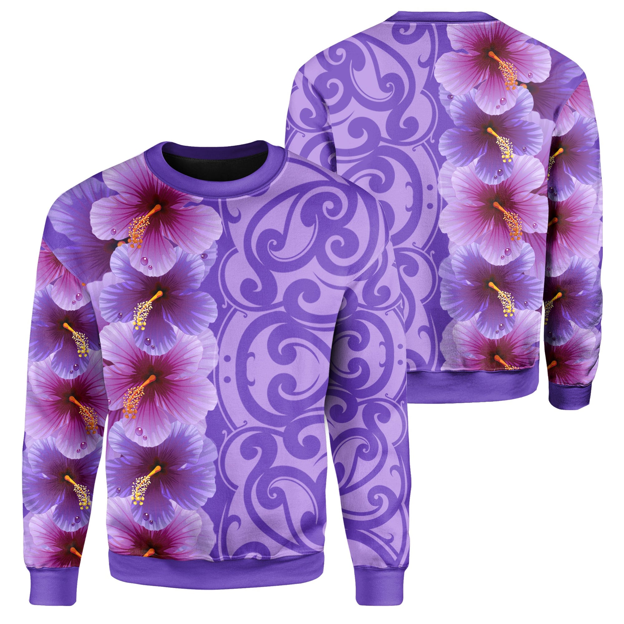 Hawaii Hibiscus Flowers Polynesian Sweatshirt - Curtis Style - Purple Unisex Purple - Polynesian Pride