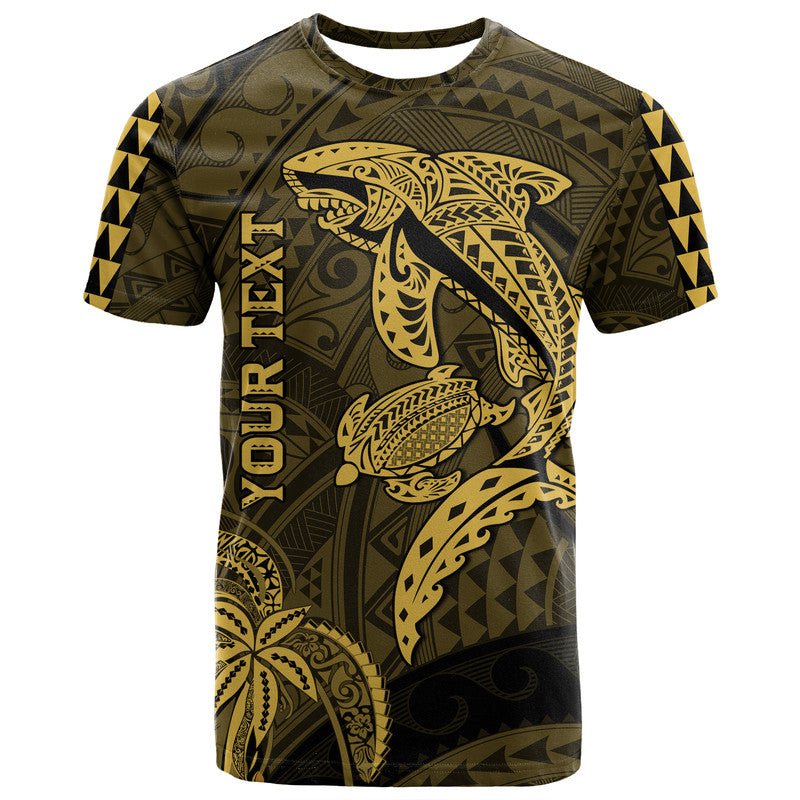 Custom Hawaii T Shirt Shark and Turtle Mix Kakau Gold LT9 Gold - Polynesian Pride