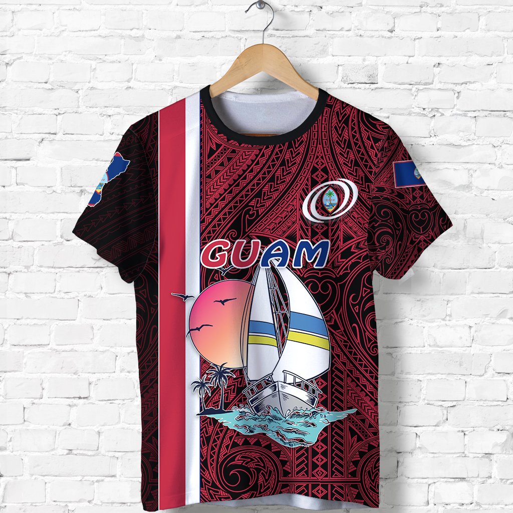 Guam Rugby T Shirt Polynesian Sailboat Style Unisex Dark Red - Polynesian Pride